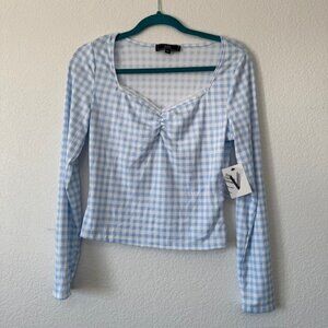 Vibe Juniors Teens Pastel Spring Blue Plaid Cottagecore‎ Crop Top Size XL